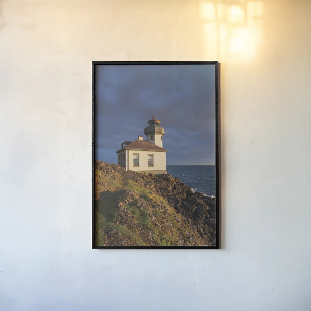 Lime Kiln Lighthouse by Alan Majchrowicz. shown as a paper print in a black flame. Available as a archival giclee rolled canvas, fine art paper, or poster print. SKU 86301h.