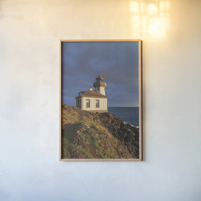 Lime Kiln Lighthouse by Alan Majchrowicz. shown as a paper print in a natural frame. Available as a archival giclee rolled canvas, fine art paper, or poster print. SKU 86301h.