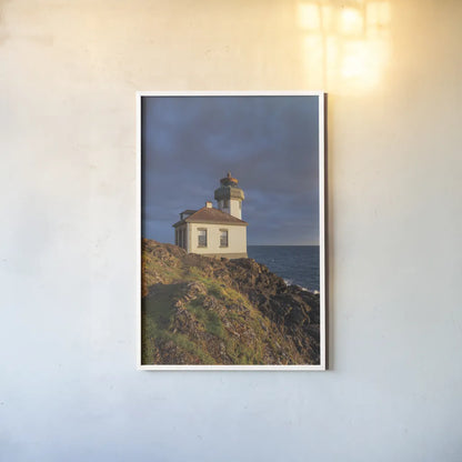 Lime Kiln Lighthouse by Alan Majchrowicz. shown as a paper print in a white frame. Available as a archival giclee rolled canvas, fine art paper, or poster print. SKU 86301h.
