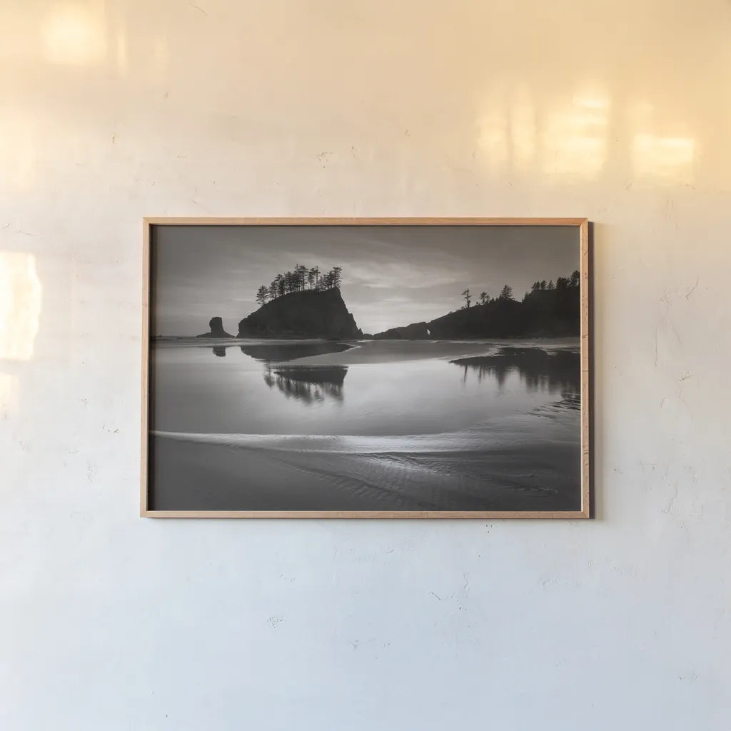 Little James Island Reflection by Alan Majchrowicz. shown as a paper print in a natural frame. Available as a archival giclee rolled canvas, fine art paper, or poster print. SKU 64545i.