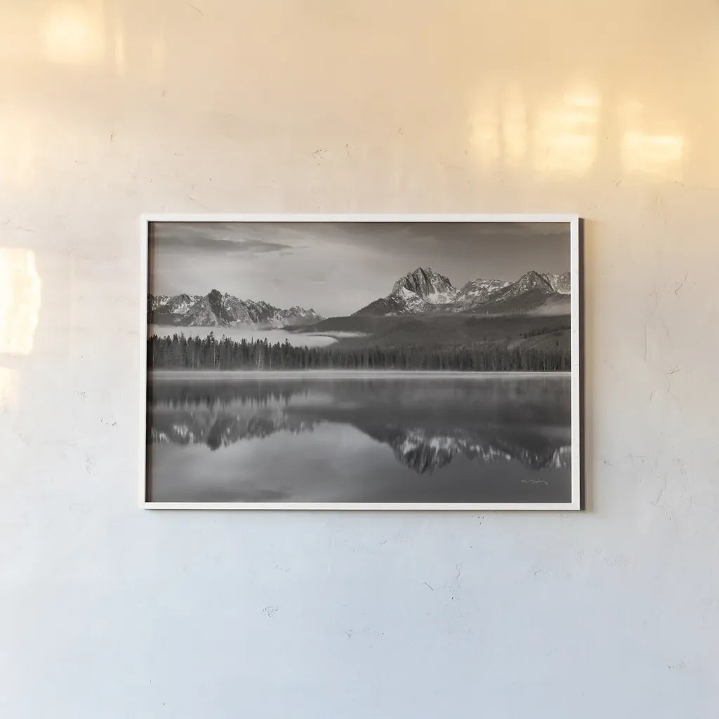 Little Redfish Lake by Alan Majchrowicz. shown as a paper print in a white frame. Available as a archival giclee rolled canvas, fine art paper, or poster print. SKU 71976i.