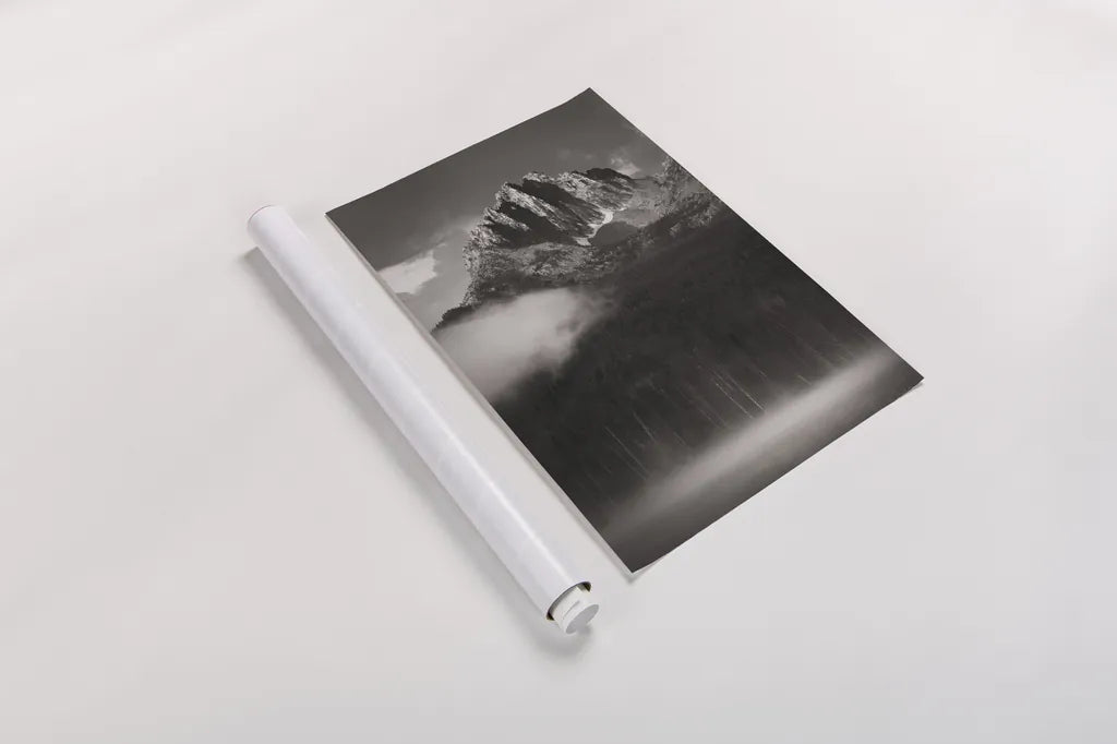 Little Redfish Lake Mist I by Alan Majchrowicz. shown as a rolled paper print. Available as archival giclee rolled canvas, fine art paper, or poster print. SKU 64551h.