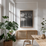 Little Redfish Lake Mist I by Alan Majchrowicz. shown as a print in a natural wood frame in a dining room. Available as a archival giclee rolled canvas, fine art paper, or poster print. SKU 64551h.