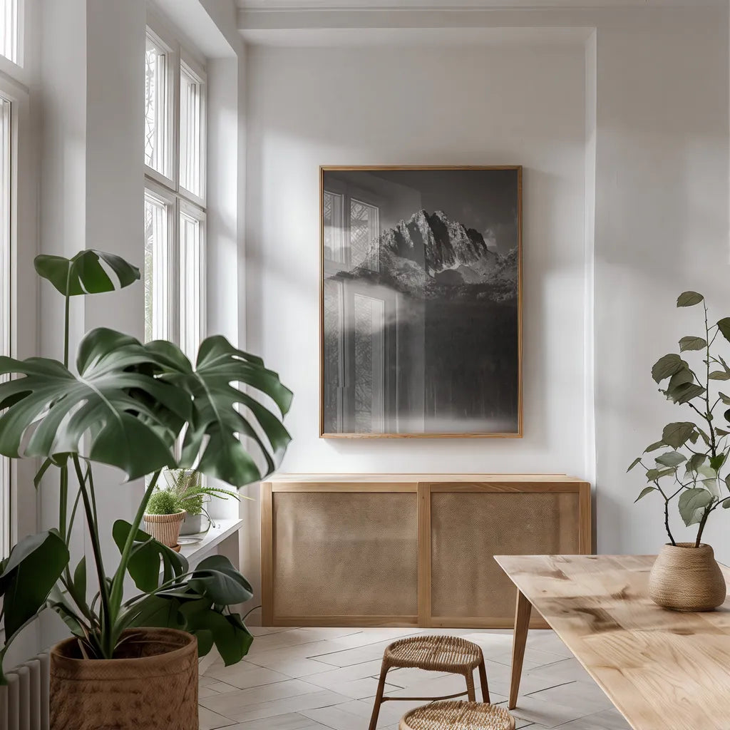 Little Redfish Lake Mist I by Alan Majchrowicz. shown as a print in a natural wood frame in a dining room. Available as a archival giclee rolled canvas, fine art paper, or poster print. SKU 64551h.