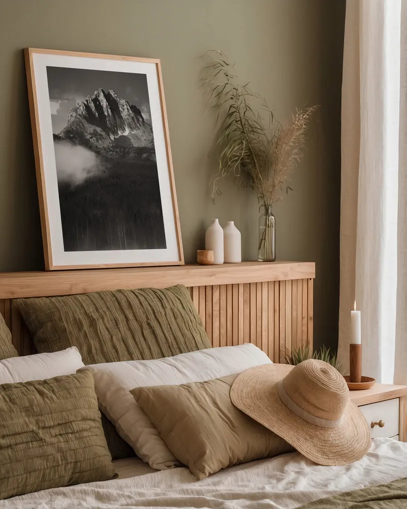 Little Redfish Lake Mist I by Alan Majchrowicz. shown as a paper print in a natural frame. Available as a archival giclee rolled canvas, fine art paper, or poster print. SKU 64551h.