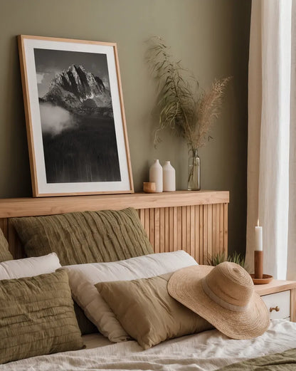 Little Redfish Lake Mist I by Alan Majchrowicz. shown as a paper print in a natural frame. Available as a archival giclee rolled canvas, fine art paper, or poster print. SKU 64551h.