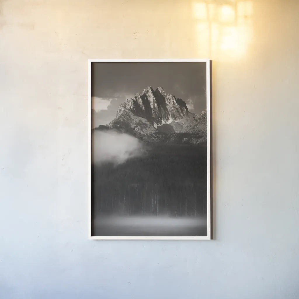 Little Redfish Lake Mist I by Alan Majchrowicz. shown as a paper print in a white frame. Available as a archival giclee rolled canvas, fine art paper, or poster print. SKU 64551h.