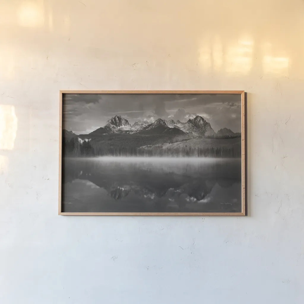 Little Redfish Lake Mist II by Alan Majchrowicz. shown as a paper print in a natural frame. Available as a archival giclee rolled canvas, fine art paper, or poster print. SKU 64552i.