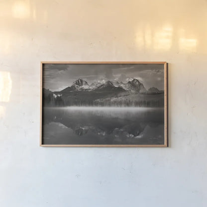 Little Redfish Lake Mist II by Alan Majchrowicz. shown as a paper print in a natural frame. Available as a archival giclee rolled canvas, fine art paper, or poster print. SKU 64552i.