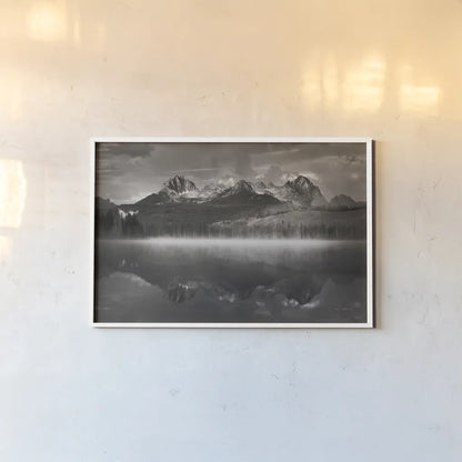 Little Redfish Lake Mist II by Alan Majchrowicz. shown as a paper print in a white frame. Available as a archival giclee rolled canvas, fine art paper, or poster print. SKU 64552i.
