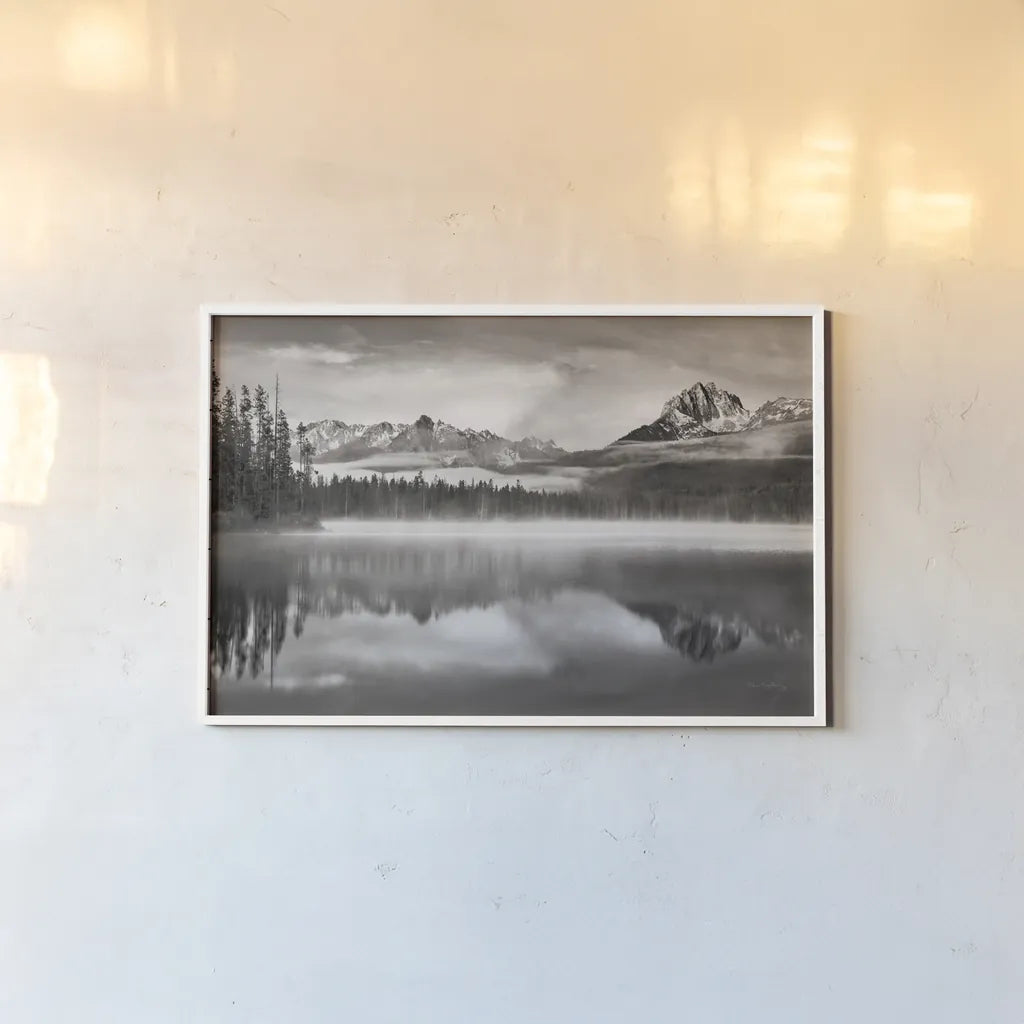 Little Redfish Lake Morning I by Alan Majchrowicz. shown as a paper print in a white frame. Available as a archival giclee rolled canvas, fine art paper, or poster print. SKU 64556i.
