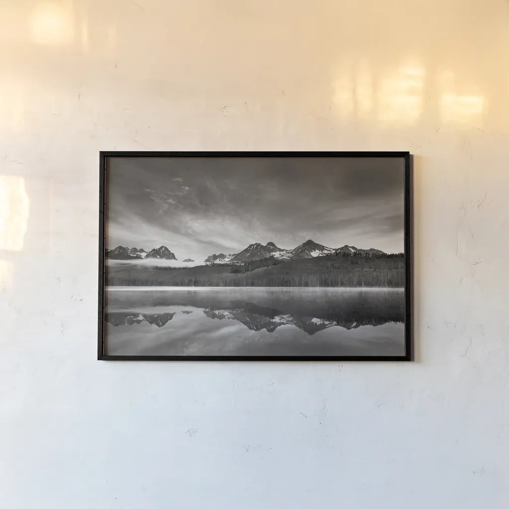 Little Redfish Lake at Sunrise by Alan Majchrowicz. shown as a paper print in a black flame. Available as a archival giclee rolled canvas, fine art paper, or poster print. SKU 64550i.