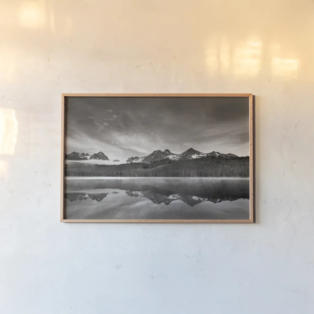 Little Redfish Lake at Sunrise by Alan Majchrowicz. shown as a paper print in a natural frame. Available as a archival giclee rolled canvas, fine art paper, or poster print. SKU 64550i.
