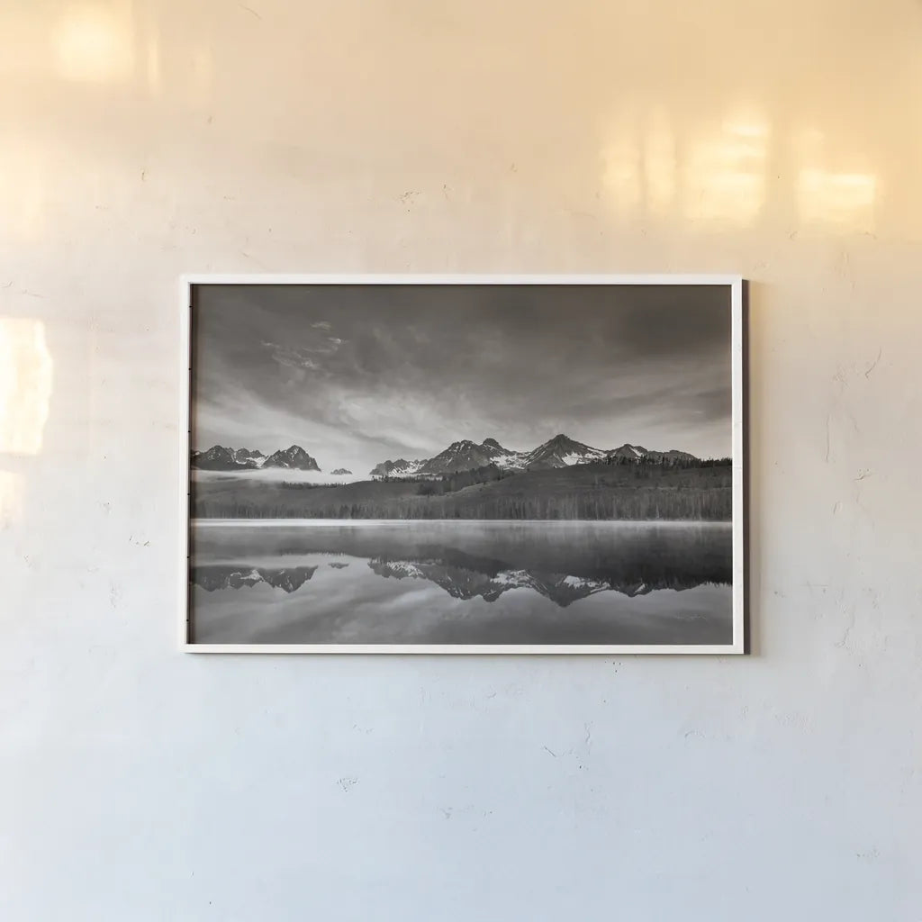 Little Redfish Lake at Sunrise by Alan Majchrowicz. shown as a paper print in a white frame. Available as a archival giclee rolled canvas, fine art paper, or poster print. SKU 64550i.