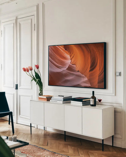 Lower Antelope Canyon I by Alan Majchrowicz. shown as a framed stretched canvas in a living room above a console. Available as a archival giclee rolled canvas, fine art paper, or poster print. SKU 53270i.