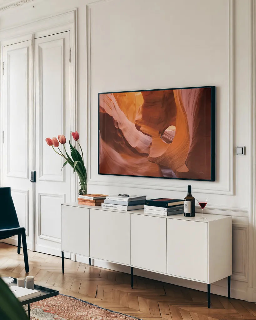 Lower Antelope Canyon II by Alan Majchrowicz. shown as a framed stretched canvas in a living room above a console. Available as a archival giclee rolled canvas, fine art paper, or poster print. SKU 53271i.