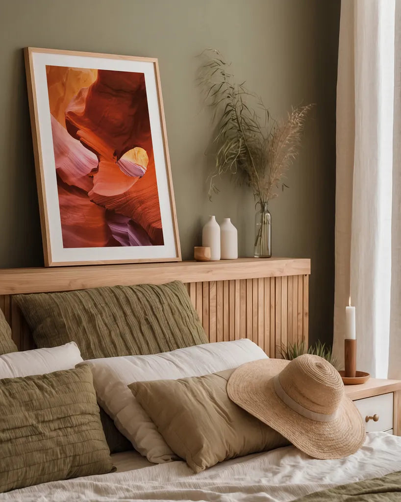 Lower Antelope Canyon IV by Alan Majchrowicz. shown as a paper print in a natural frame. Available as a archival giclee rolled canvas, fine art paper, or poster print. SKU 53273h.