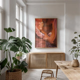 Lower Antelope Canyon IX by Alan Majchrowicz. shown as a print in a natural wood frame in a dining room. Available as a archival giclee rolled canvas, fine art paper, or poster print. SKU 53278h.