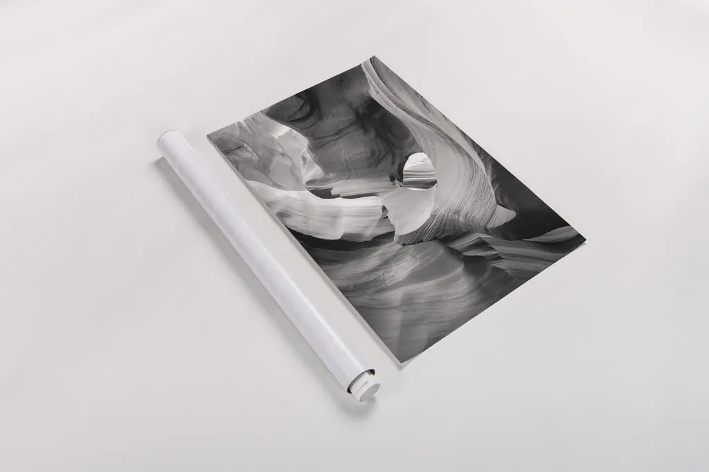 Lower Antelope Canyon IX BW by Alan Majchrowicz. shown as a rolled paper print. Available as archival giclee rolled canvas, fine art paper, or poster print. SKU 53662h.
