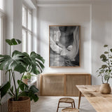 Lower Antelope Canyon IX BW by Alan Majchrowicz. shown as a print in a natural wood frame in a dining room. Available as a archival giclee rolled canvas, fine art paper, or poster print. SKU 53662h.