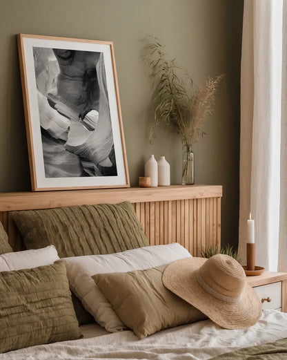 Lower Antelope Canyon IX BW by Alan Majchrowicz. shown as a paper print in a natural frame. Available as a archival giclee rolled canvas, fine art paper, or poster print. SKU 53662h.