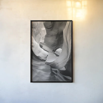 Lower Antelope Canyon IX BW by Alan Majchrowicz. shown as a paper print in a black flame. Available as a archival giclee rolled canvas, fine art paper, or poster print. SKU 53662h.