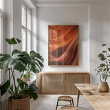 Lower Antelope Canyon V by Alan Majchrowicz. shown as a print in a natural wood frame in a dining room. Available as a archival giclee rolled canvas, fine art paper, or poster print. SKU 53274h.