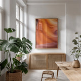 Lower Antelope Canyon VII by Alan Majchrowicz. shown as a print in a natural wood frame in a dining room. Available as a archival giclee rolled canvas, fine art paper, or poster print. SKU 53276h.