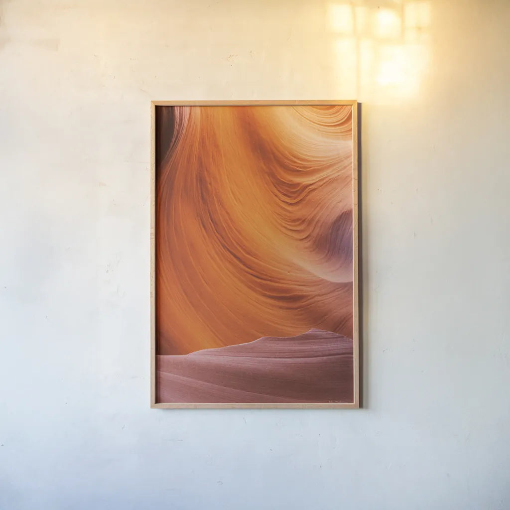 Lower Antelope Canyon VII by Alan Majchrowicz. shown as a paper print in a natural frame. Available as a archival giclee rolled canvas, fine art paper, or poster print. SKU 53276h.