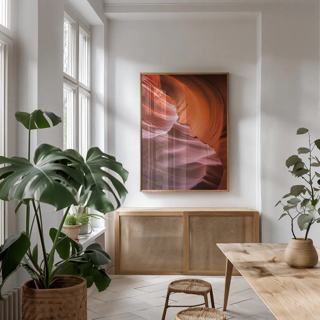 Lower Antelope Canyon VIII by Alan Majchrowicz. shown as a print in a natural wood frame in a dining room. Available as a archival giclee rolled canvas, fine art paper, or poster print. SKU 53277h.