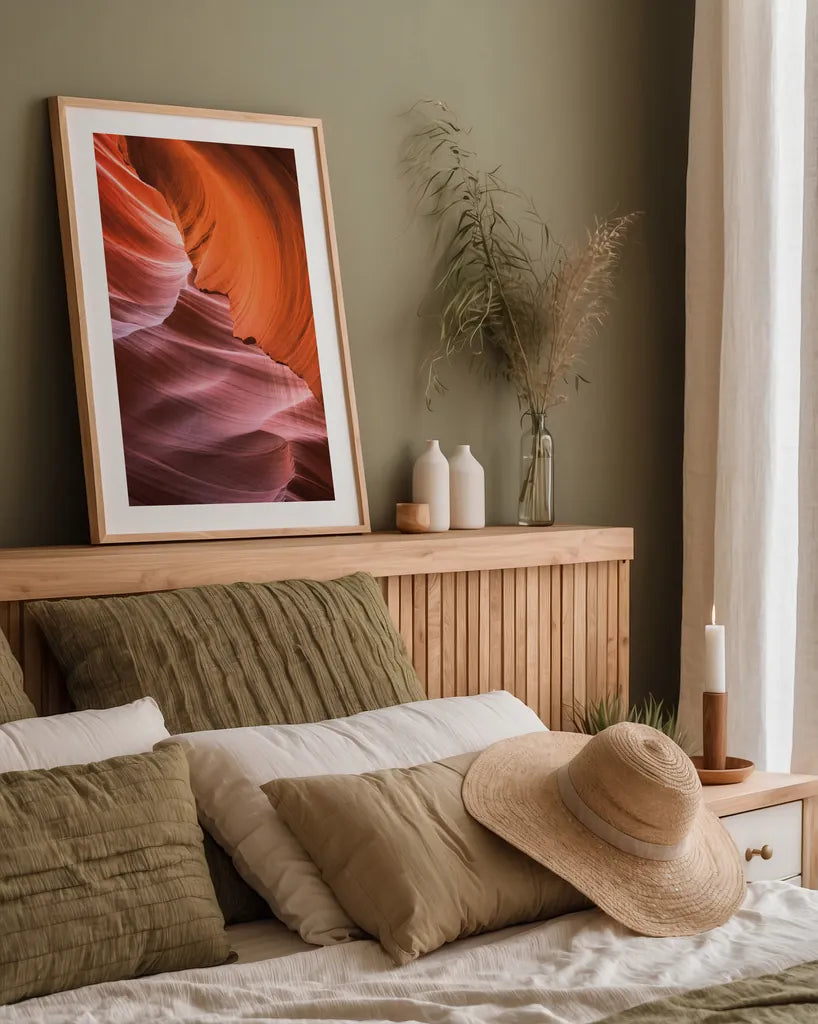 Lower Antelope Canyon VIII by Alan Majchrowicz. shown as a paper print in a natural frame. Available as a archival giclee rolled canvas, fine art paper, or poster print. SKU 53277h.