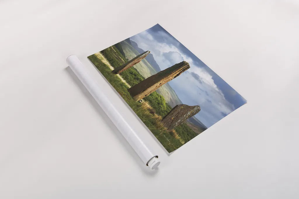 Machrie Moor Standing Stones by Alan Majchrowicz. shown as a rolled paper print. Available as archival giclee rolled canvas, fine art paper, or poster print. SKU 84033i.