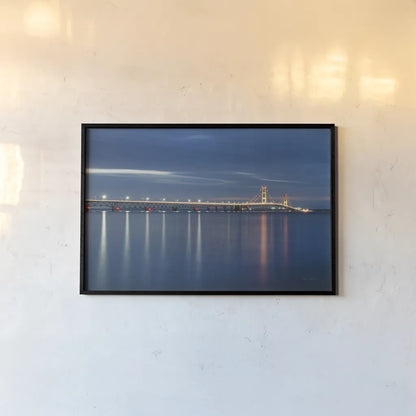 Mackinac Bridge by Alan Majchrowicz. shown as a paper print in a black flame. Available as a archival giclee rolled canvas, fine art paper, or poster print. SKU 50603i.