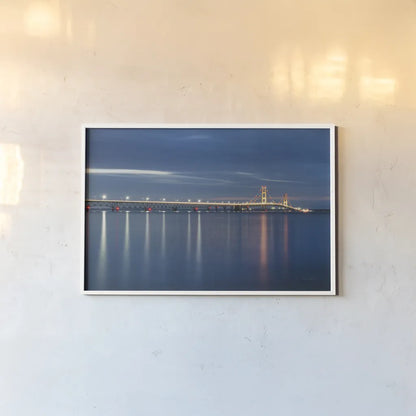 Mackinac Bridge by Alan Majchrowicz. shown as a paper print in a white frame. Available as a archival giclee rolled canvas, fine art paper, or poster print. SKU 50603i.