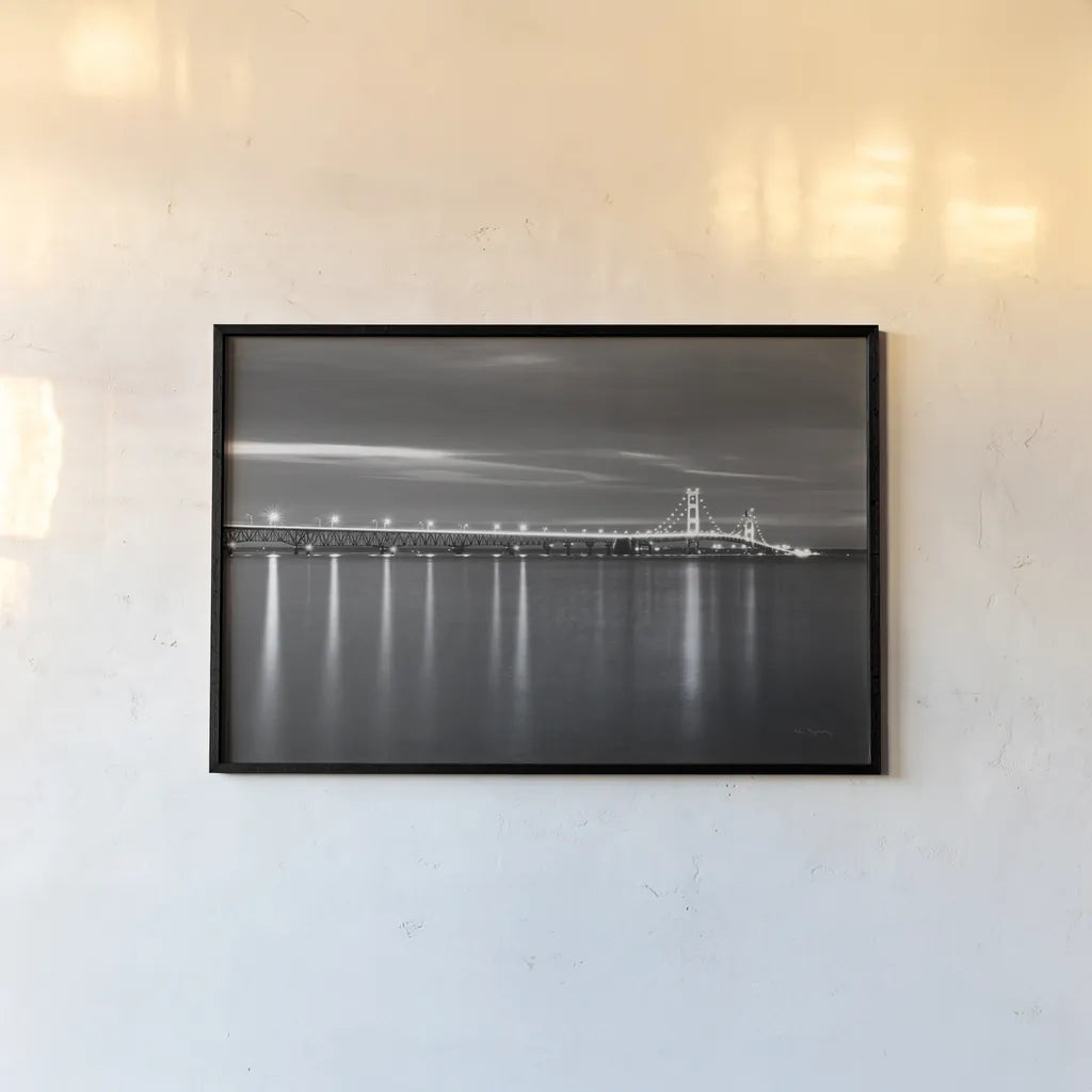 Mackinac Bridge BW by Alan Majchrowicz. shown as a paper print in a black flame. Available as a archival giclee rolled canvas, fine art paper, or poster print. SKU 50604i.