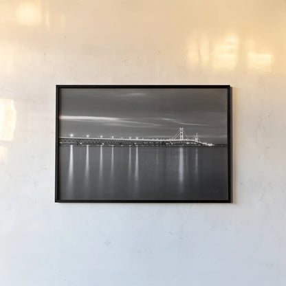 Mackinac Bridge BW by Alan Majchrowicz. shown as a paper print in a black flame. Available as a archival giclee rolled canvas, fine art paper, or poster print. SKU 50604i.