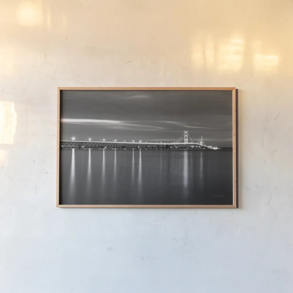 Mackinac Bridge BW by Alan Majchrowicz. shown as a paper print in a natural frame. Available as a archival giclee rolled canvas, fine art paper, or poster print. SKU 50604i.