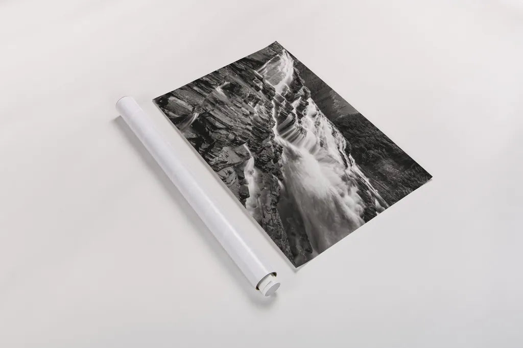 McDonald Creek Falls by Alan Majchrowicz. shown as a rolled paper print. Available as archival giclee rolled canvas, fine art paper, or poster print. SKU 27787i.