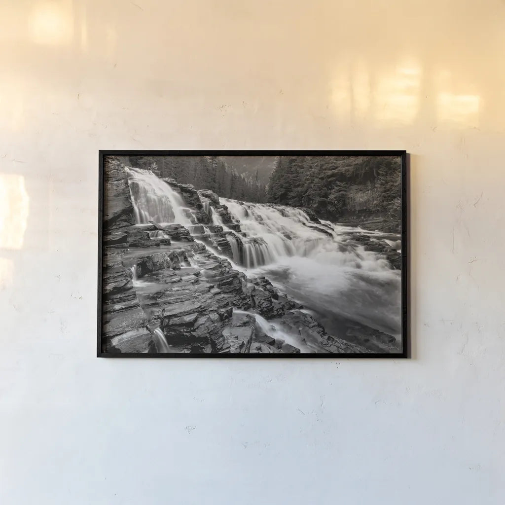 McDonald Creek Falls by Alan Majchrowicz. shown as a paper print in a black flame. Available as a archival giclee rolled canvas, fine art paper, or poster print. SKU 27787i.