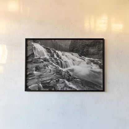 McDonald Creek Falls by Alan Majchrowicz. shown as a paper print in a black flame. Available as a archival giclee rolled canvas, fine art paper, or poster print. SKU 27787i.