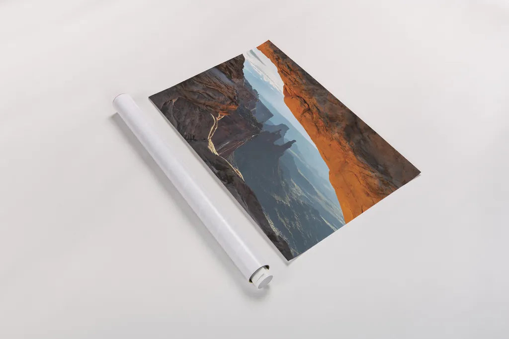 Mesa Arch Canyonlands National Park by Alan Majchrowicz. shown as a rolled paper print. Available as archival giclee rolled canvas, fine art paper, or poster print. SKU 80815i.