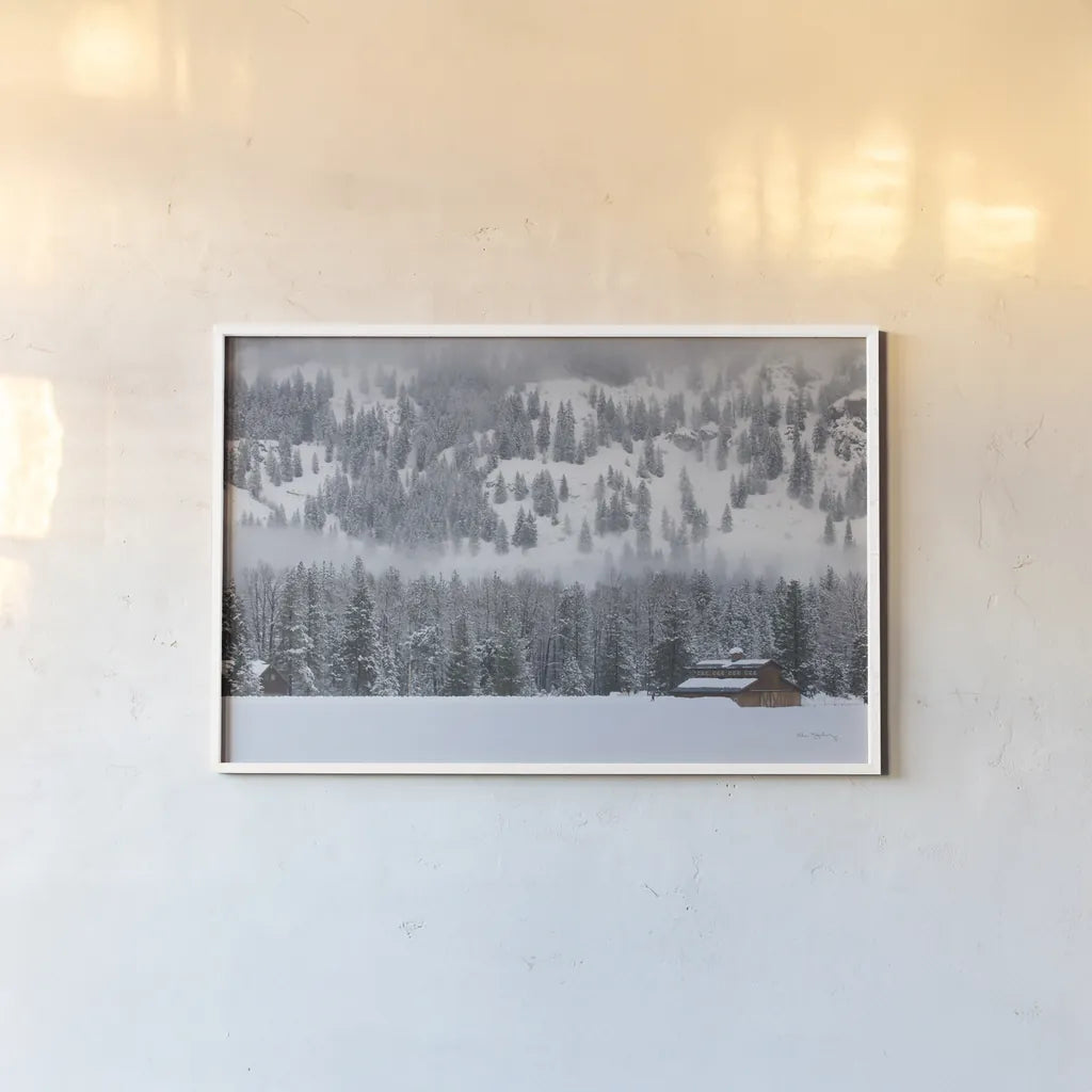 Methow Valley Barn by Alan Majchrowicz. shown as a paper print in a white frame. Available as a archival giclee rolled canvas, fine art paper, or poster print. SKU 60629i.