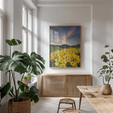 Methow Valley Wildflowers I by Alan Majchrowicz. shown as a print in a natural wood frame in a dining room. Available as a archival giclee rolled canvas, fine art paper, or poster print. SKU 33790h.