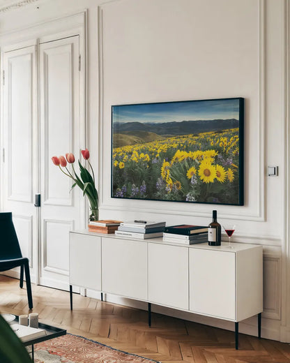 Methow Valley Wildflowers IV by Alan Majchrowicz. shown as a framed stretched canvas in a living room above a console. Available as a archival giclee rolled canvas, fine art paper, or poster print. SKU 33793i.