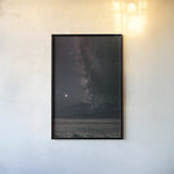 Milky Way in Sawtooth Mountains by Alan Majchrowicz. shown as a paper print in a black flame. Available as a archival giclee rolled canvas, fine art paper, or poster print. SKU 68097h.