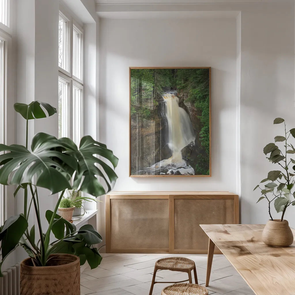 Miners Falls Michigan by Alan Majchrowicz. shown as a print in a natural wood frame in a dining room. Available as a archival giclee rolled canvas, fine art paper, or poster print. SKU 50165h.