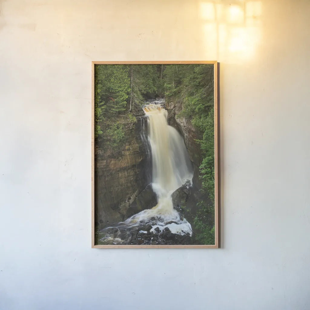 Miners Falls Michigan by Alan Majchrowicz. shown as a paper print in a natural frame. Available as a archival giclee rolled canvas, fine art paper, or poster print. SKU 50165h.