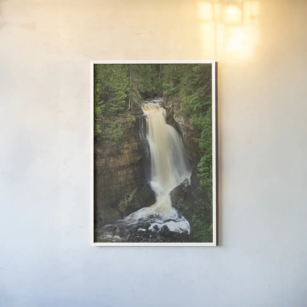 Miners Falls Michigan by Alan Majchrowicz. shown as a paper print in a white frame. Available as a archival giclee rolled canvas, fine art paper, or poster print. SKU 50165h.