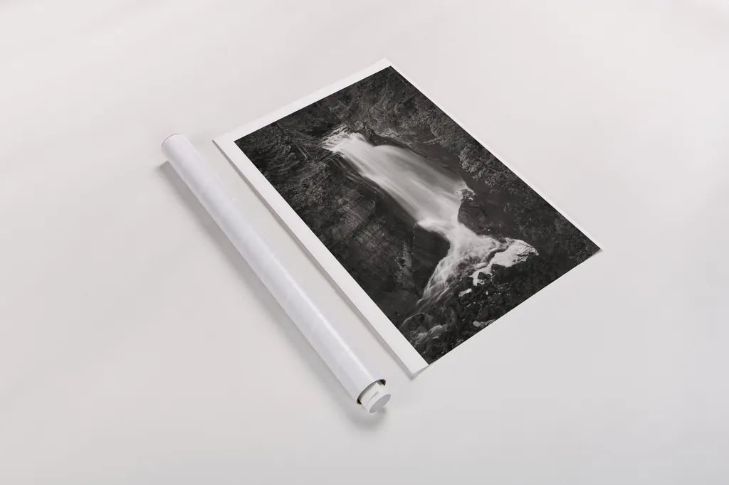Miners Falls Michigan BW by Alan Majchrowicz. shown as a rolled paper print. Available as archival giclee rolled canvas, fine art paper, or poster print. SKU 50166h.