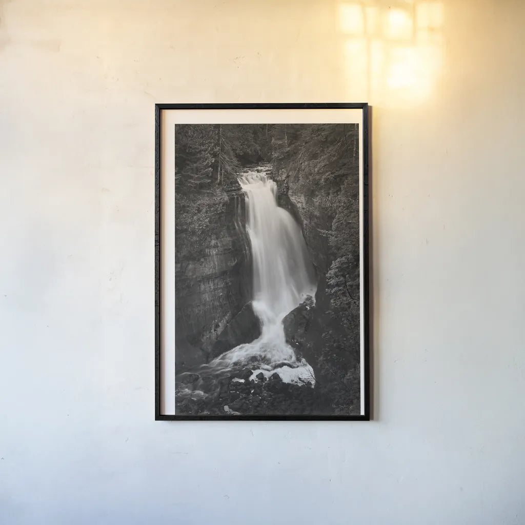 Miners Falls Michigan BW by Alan Majchrowicz. shown as a paper print in a black flame. Available as a archival giclee rolled canvas, fine art paper, or poster print. SKU 50166h.